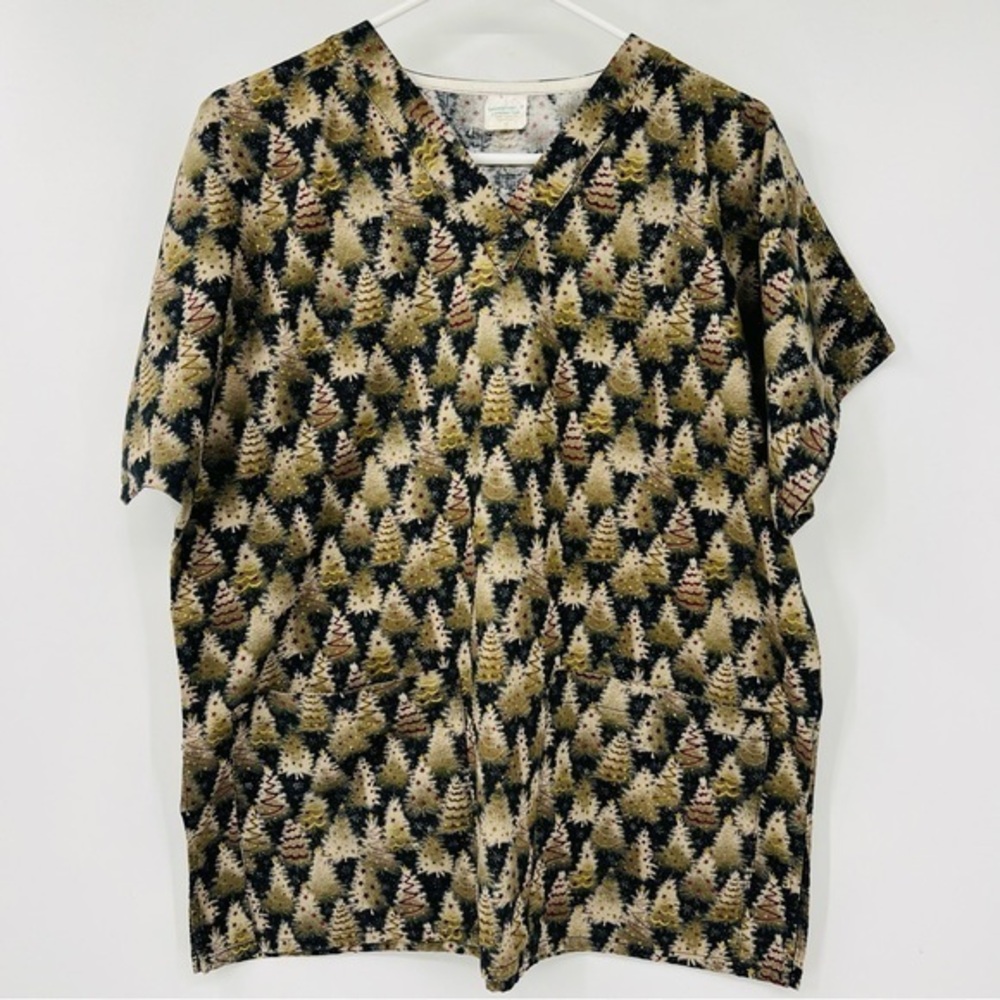Cotton Scrub Christmas Tree Neutral Browns Holiday Scrub Top Size Medium